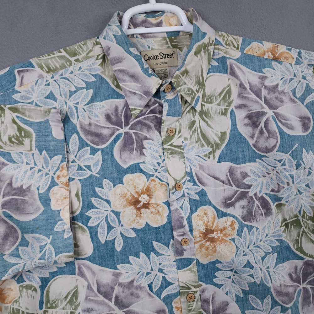 Cooke Street Honolulu Mens Large Blue Floral Hibiscus Cotton Hawaiian Shirt